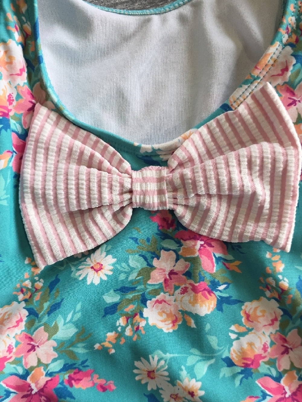 Ruffle Butts Teal Floral One-Piece Swimsuit with Pink Ruffles Little Girl Size 5 - Picture 5 of 8